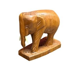 Vintage Hand Carved Wooden Elephant Figurine Animal‎ Statue Thailand Teakwood